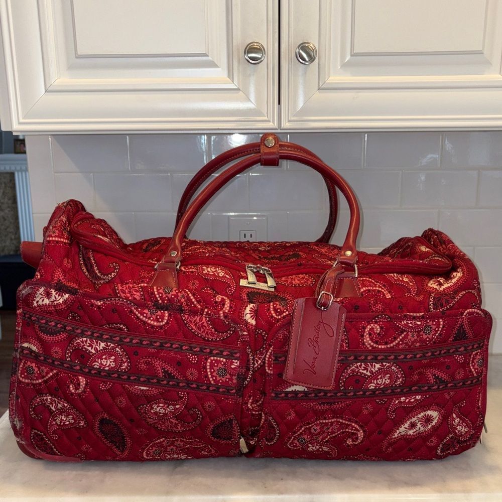Vera Bradley Quilted Rolling Duffel Bag Luggage in Mesa Red Paisley RARE